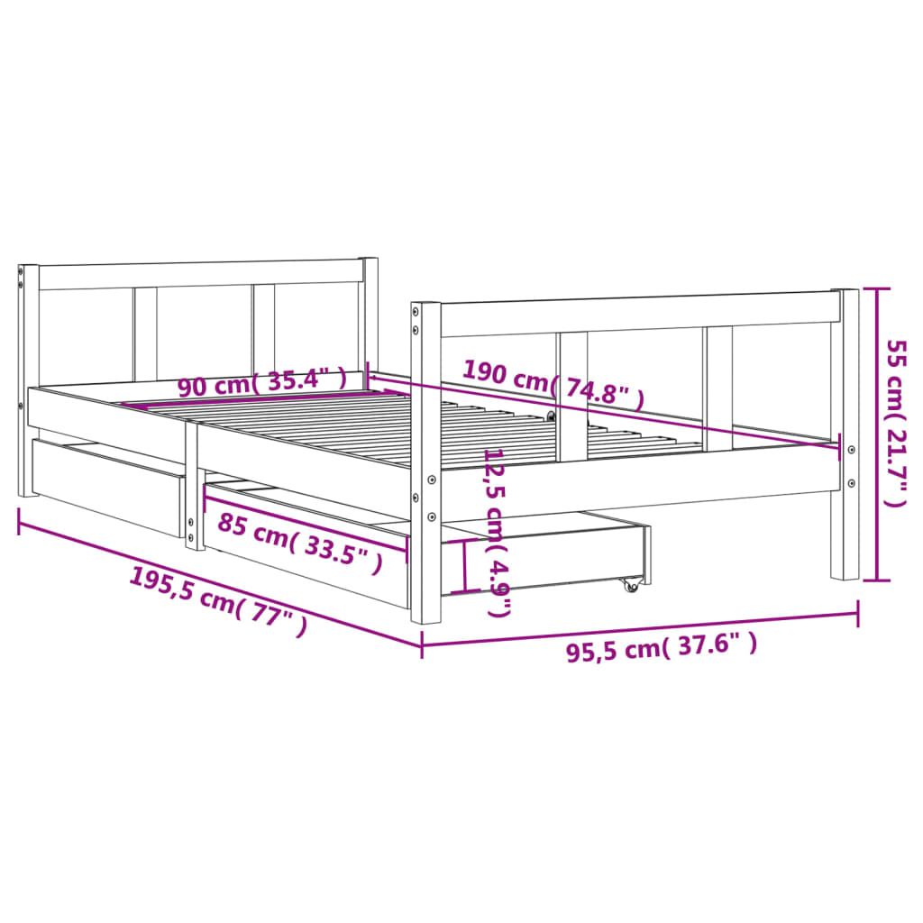 Cadre de lit d'enfants tiroirs blanc 90x190 cm bois pin massif