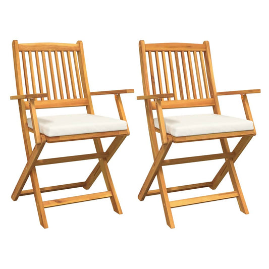2 Chaises de jardin pliables avec coussin blanc en bois d'acacia massif