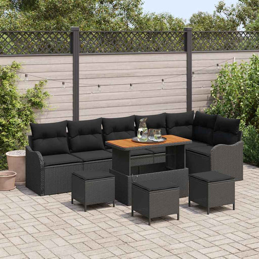 10 Pièces Ensemble de Canapé de Jardin avec Coussins Noir en Rattan Acacia