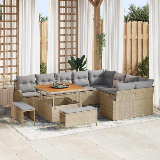 12 pièces Ensemble de canapé de jardin avec coussins beiges poly rattan acacia