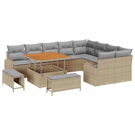12 pièces Ensemble de canapé de jardin avec coussins beiges poly rattan acacia