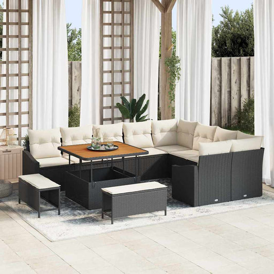 12 pièces de canapé de jardin avec coussins en poly rotin noir acacia