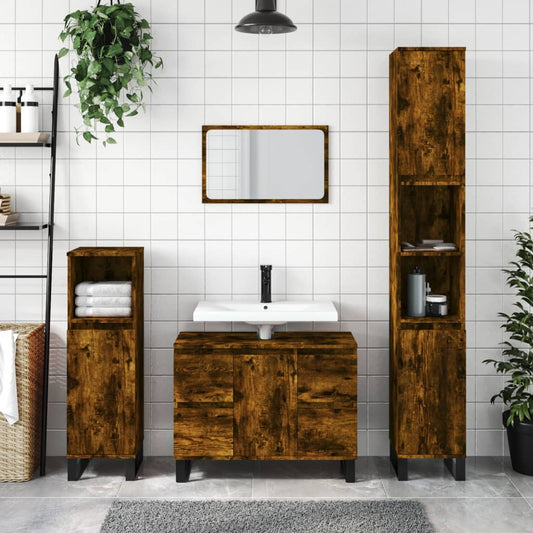 Armoire de bain chêne fumé 30x30x100 cm bois d’ingénierie - Meubles-lavabos de salle de bains
