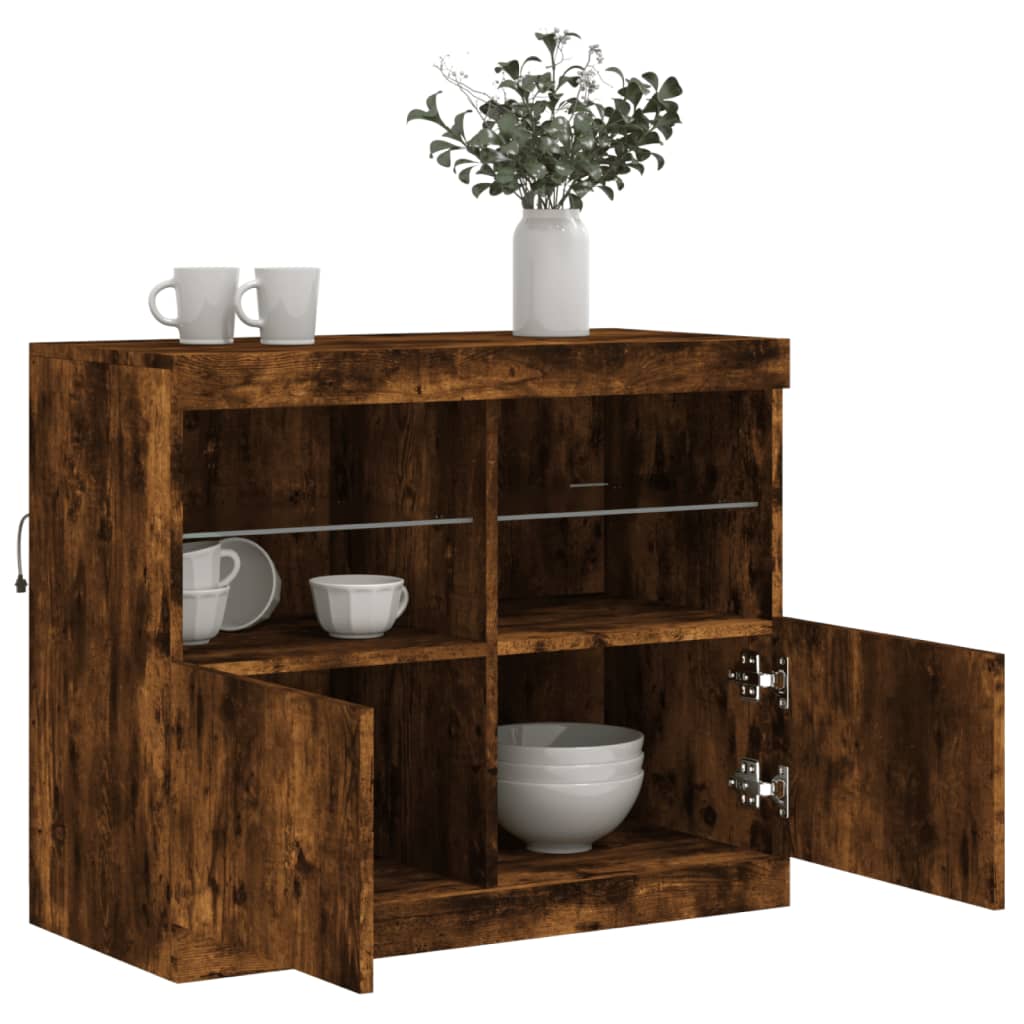 Buffet avec lumières LED chêne fumé 81x37x67 cm - Buffets & bahuts