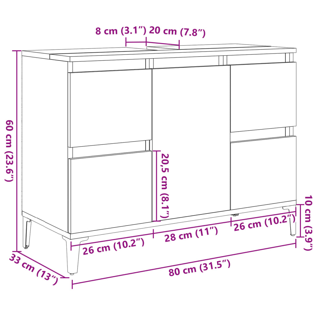 Meuble d’évier gris béton 80x33x60 cm bois d’ingénierie - Meubles-lavabos de salle de bains