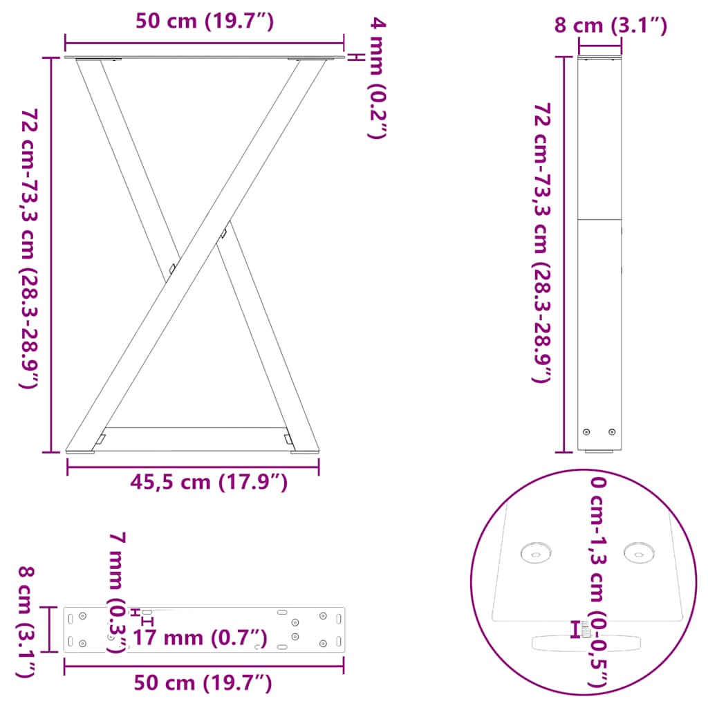Pieds de table à manger 2 pcs noir 50x(72-73,3) cm - Pieds de table