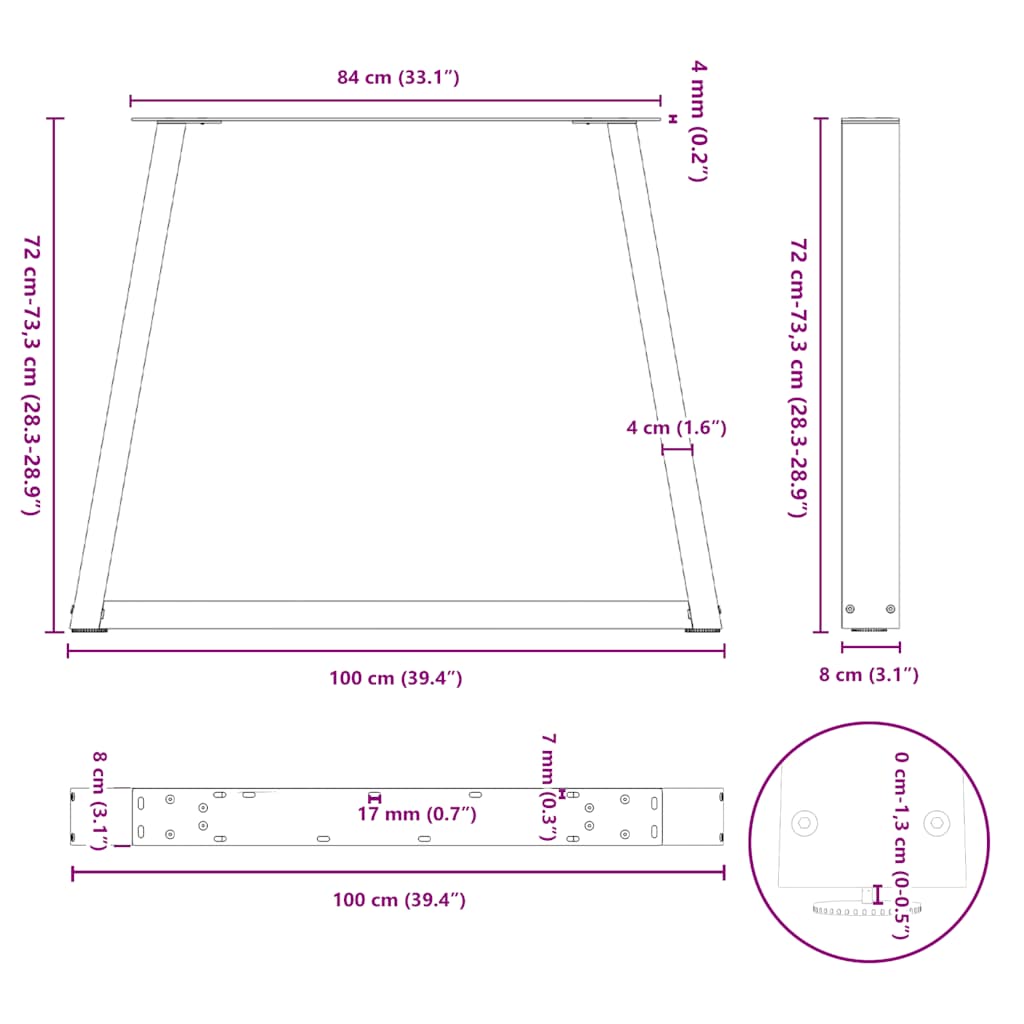Pieds de table à manger forme de V 3 pcs 100x(72-73,3) cm acier - Pieds de table