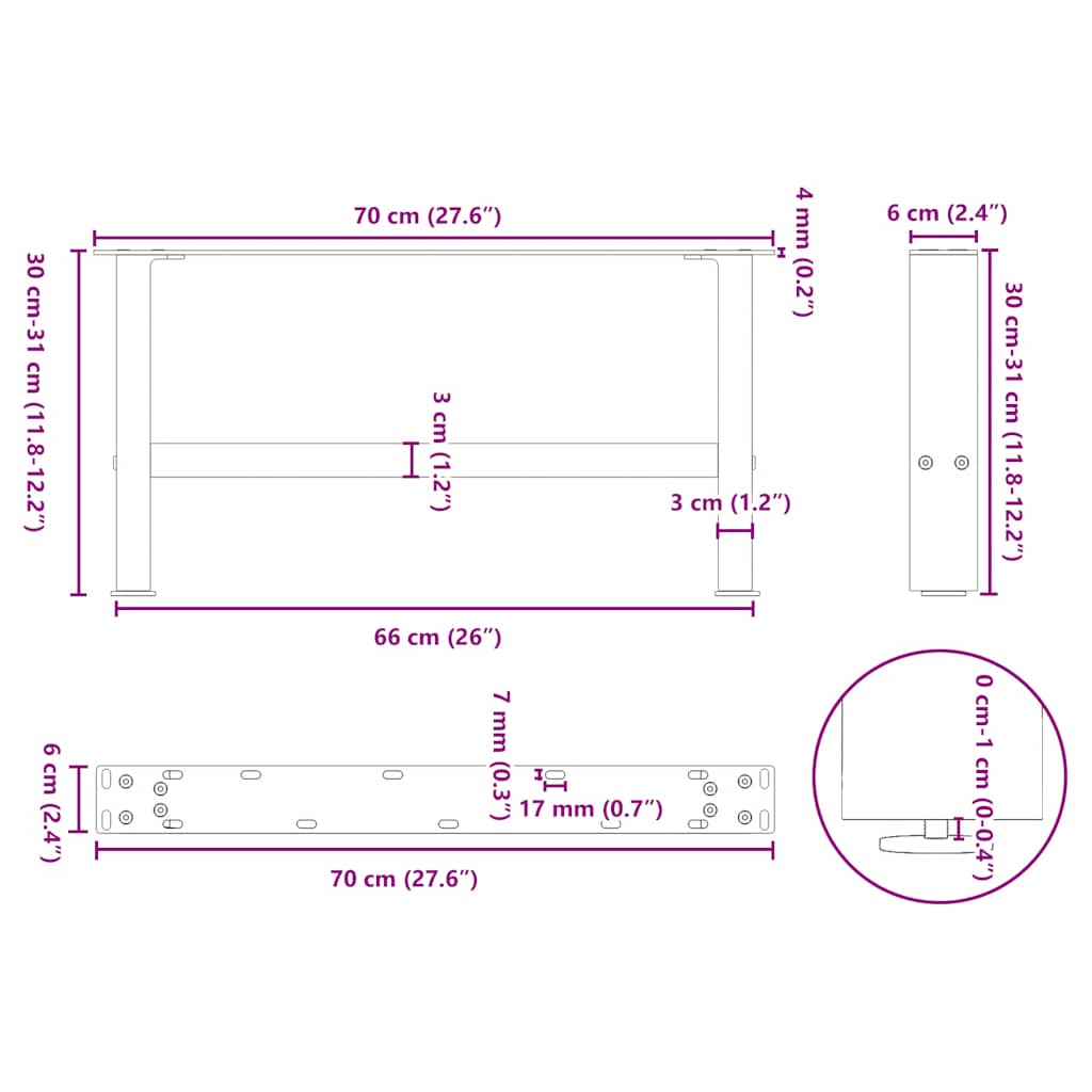 Pieds de table basse blanc 2 pcs 70x(30-31) cm acier - Pieds de table