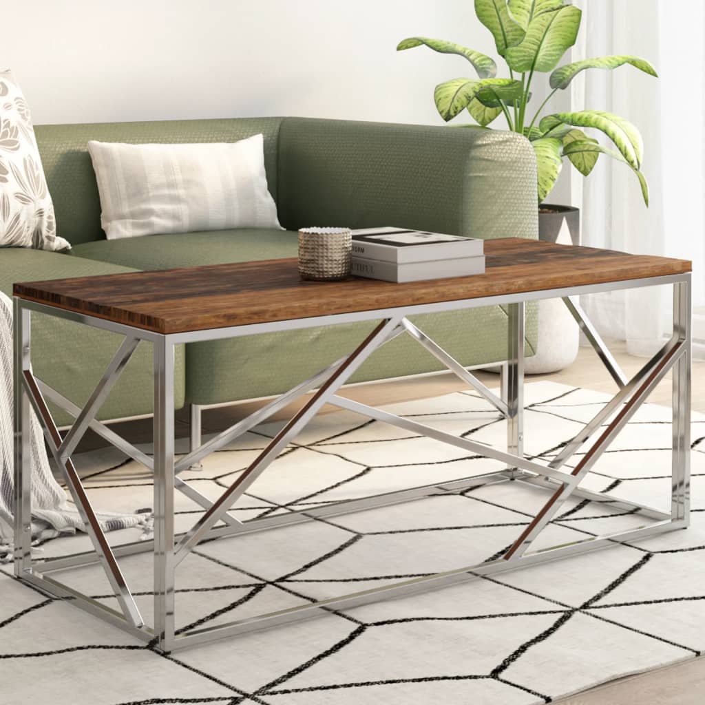 Table basse argenté inox et bois de mélèze massif - Tables basses