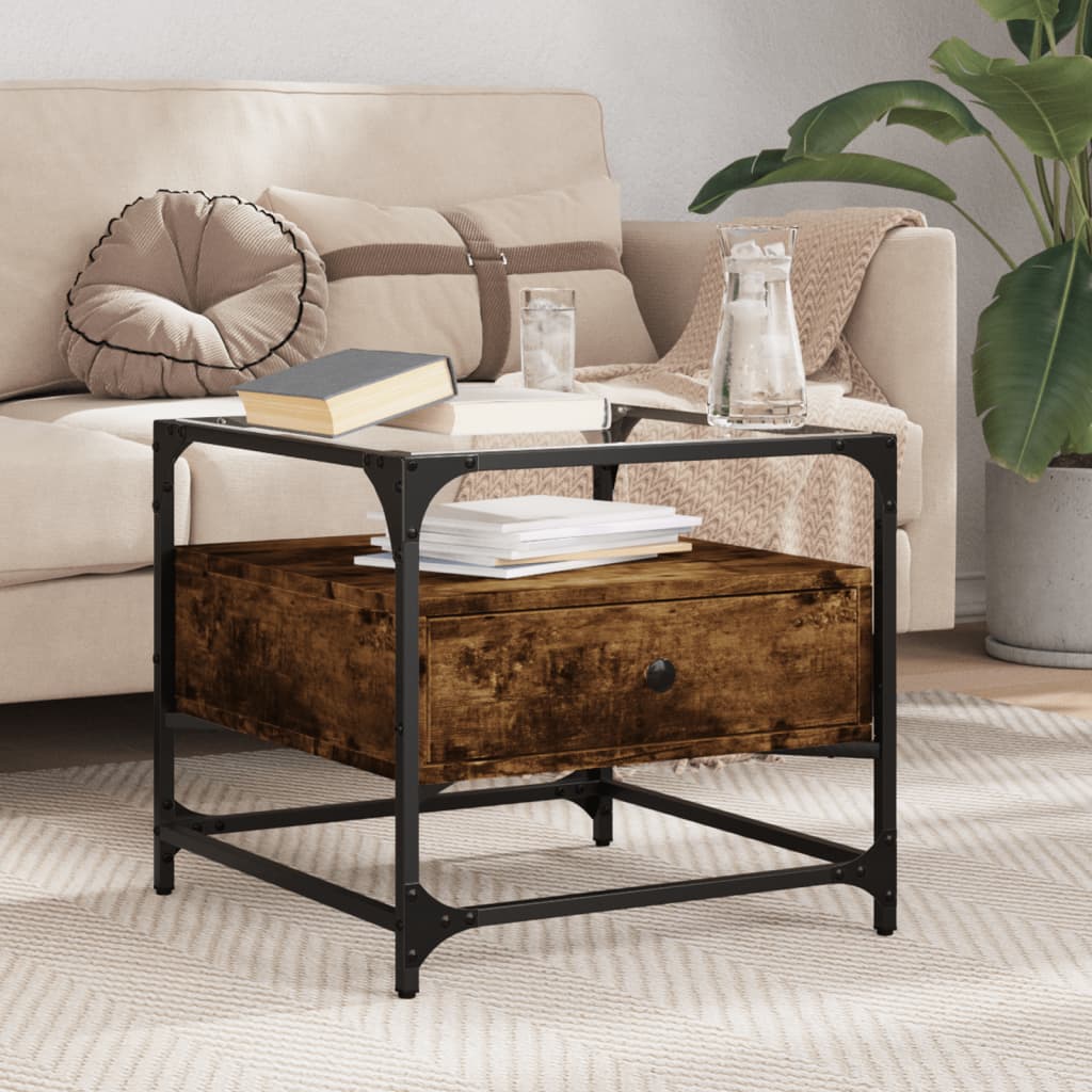 Table basse avec dessus en verre chêne fumé 50x50x45 cm acier - Tables basses
