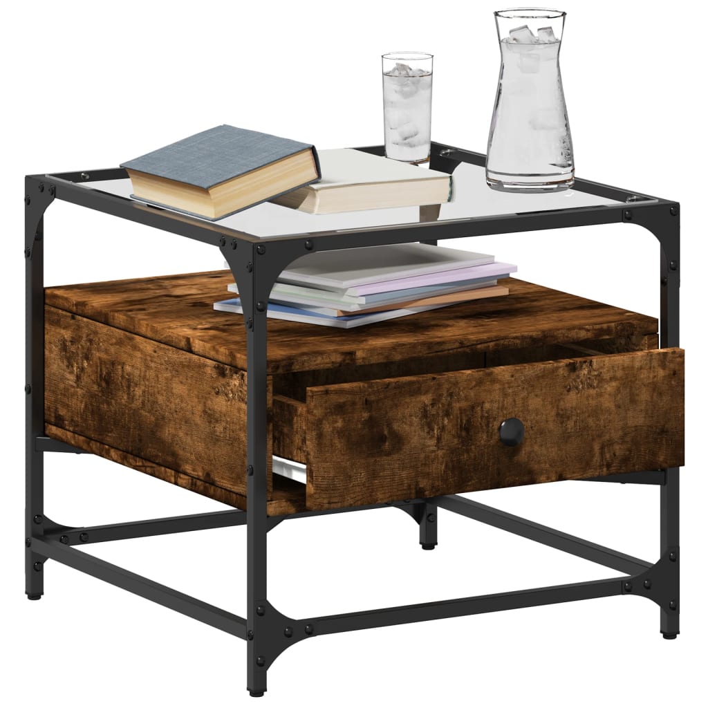 Table basse avec dessus en verre chêne fumé 50x50x45 cm acier - Tables basses
