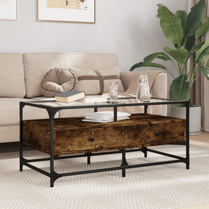 Table basse avec dessus en verre chêne fumé 98,5x50x45 cm acier - Tables basses