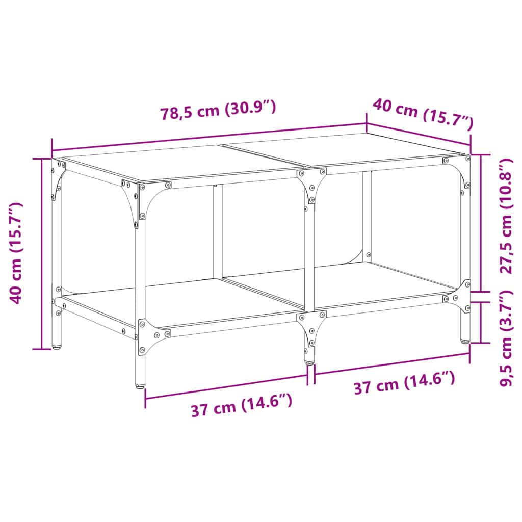 Table basse avec dessus en verre noir 78,5x40x40 cm acier - Tables basses