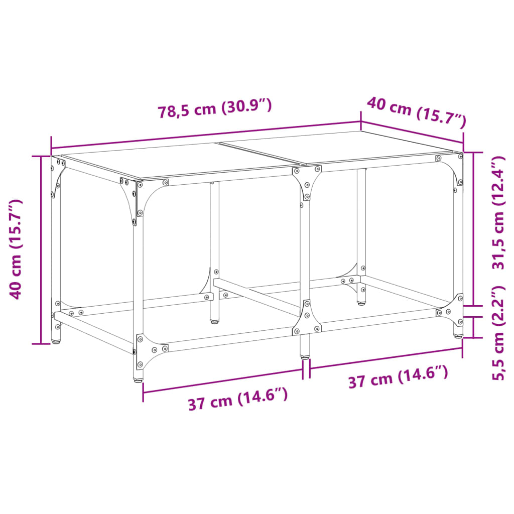 Table basse avec dessus en verre transparent 78,5x40x40cm acier - Tables basses