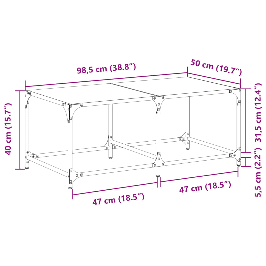 Table basse avec dessus en verre transparent 98,5x50x40cm acier - Tables basses