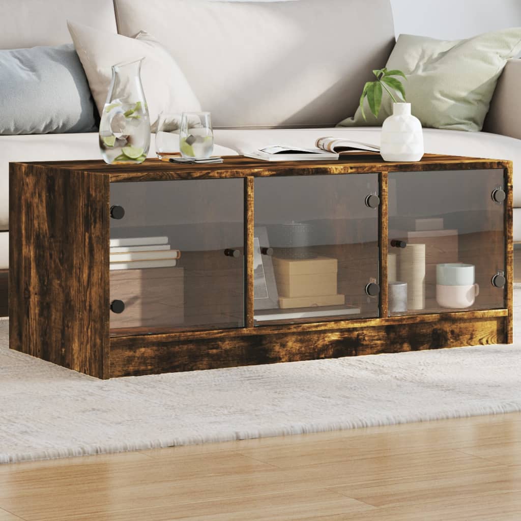 Table basse avec portes en verre chêne fumé 102x50x42 cm - Tables basses