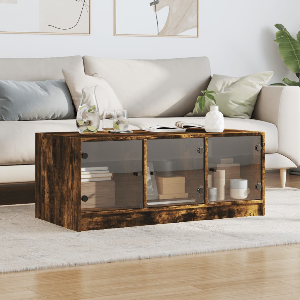 Table basse avec portes en verre chêne fumé 102x50x42 cm - Tables basses