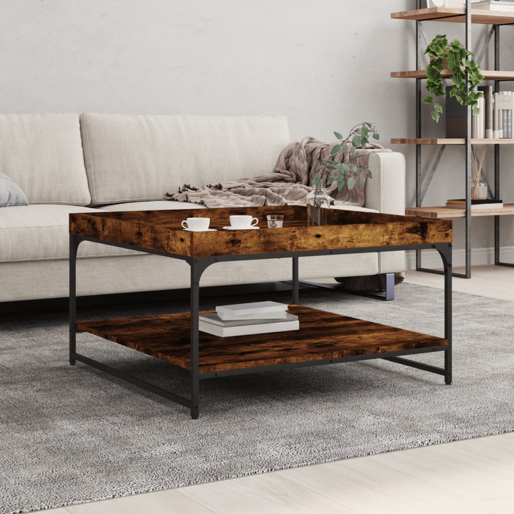 Table basse chêne fumé 80x80x45 cm bois d’ingénierie et fer - Tables basses