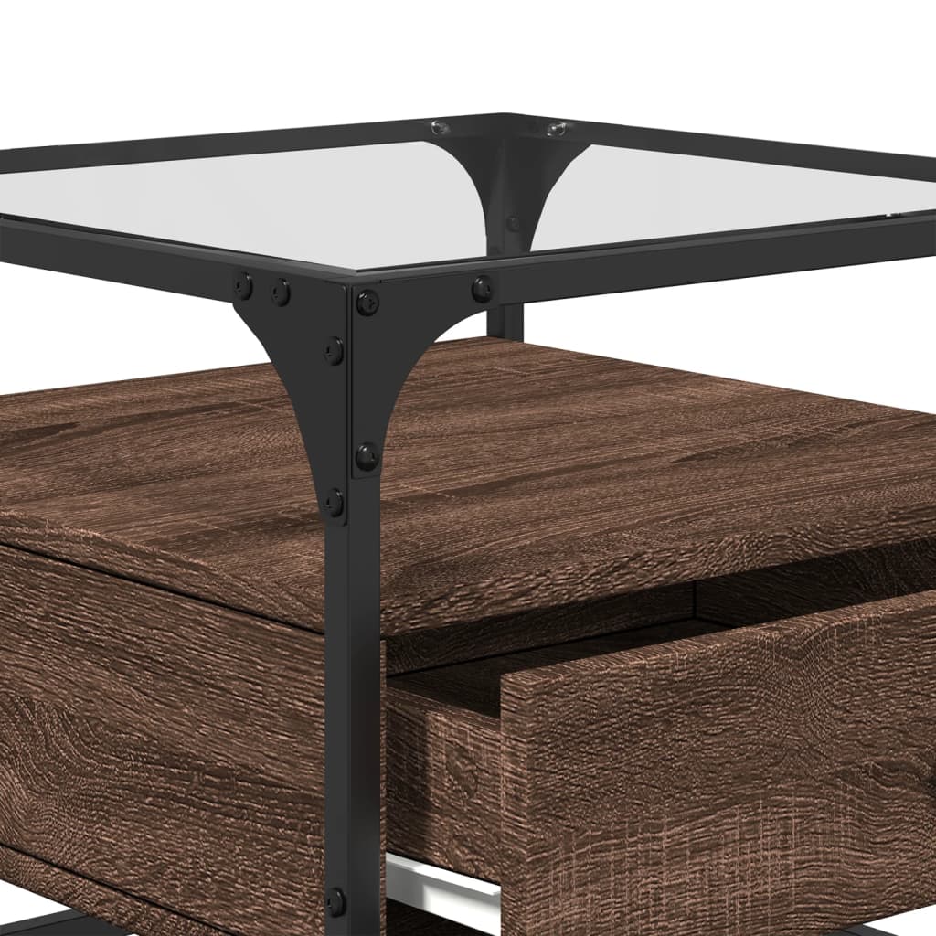 Table basse et dessus en verre chêne marron 50x50x45 cm acier - Tables basses
