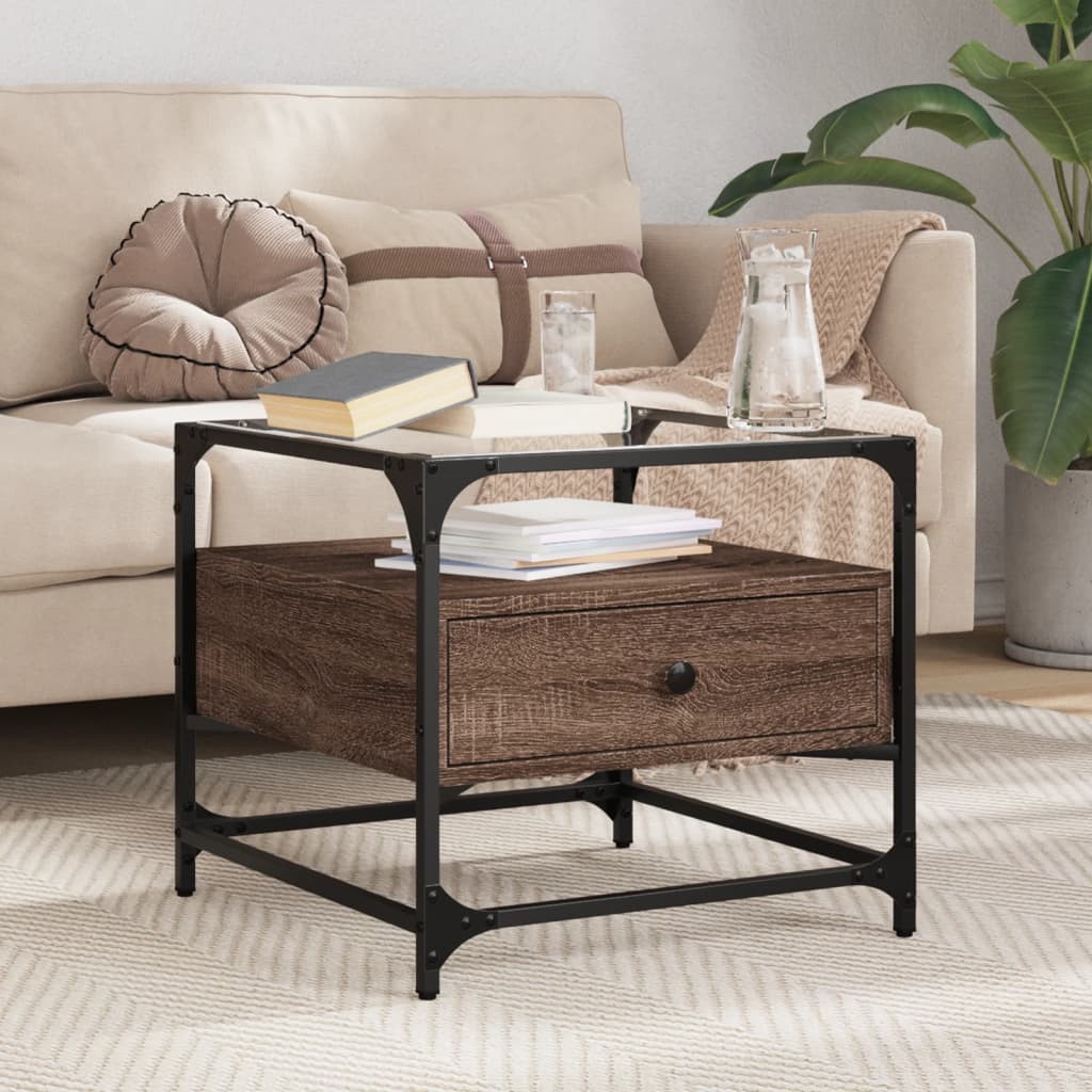Table basse et dessus en verre chêne marron 50x50x45 cm acier - Tables basses