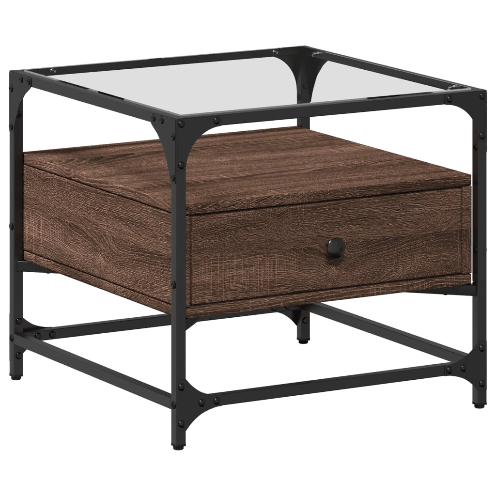 Table basse et dessus en verre chêne marron 50x50x45 cm acier - Tables basses