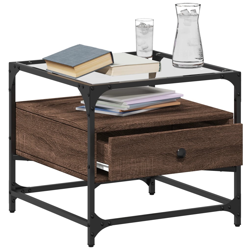 Table basse et dessus en verre chêne marron 50x50x45 cm acier - Tables basses